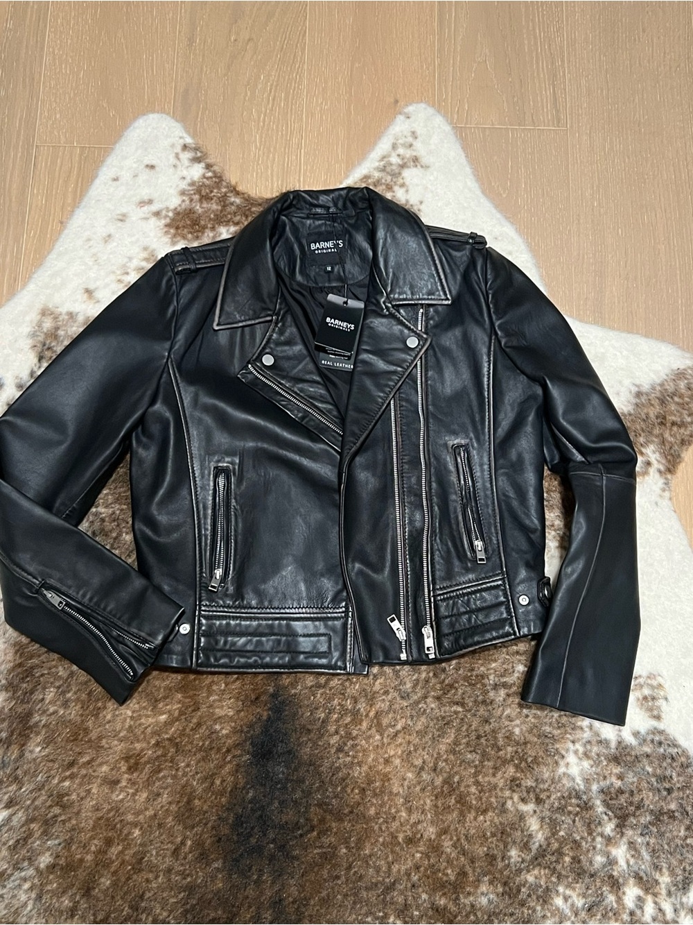 Barneys New York Black Leather Boxy Fit Moto Jacket